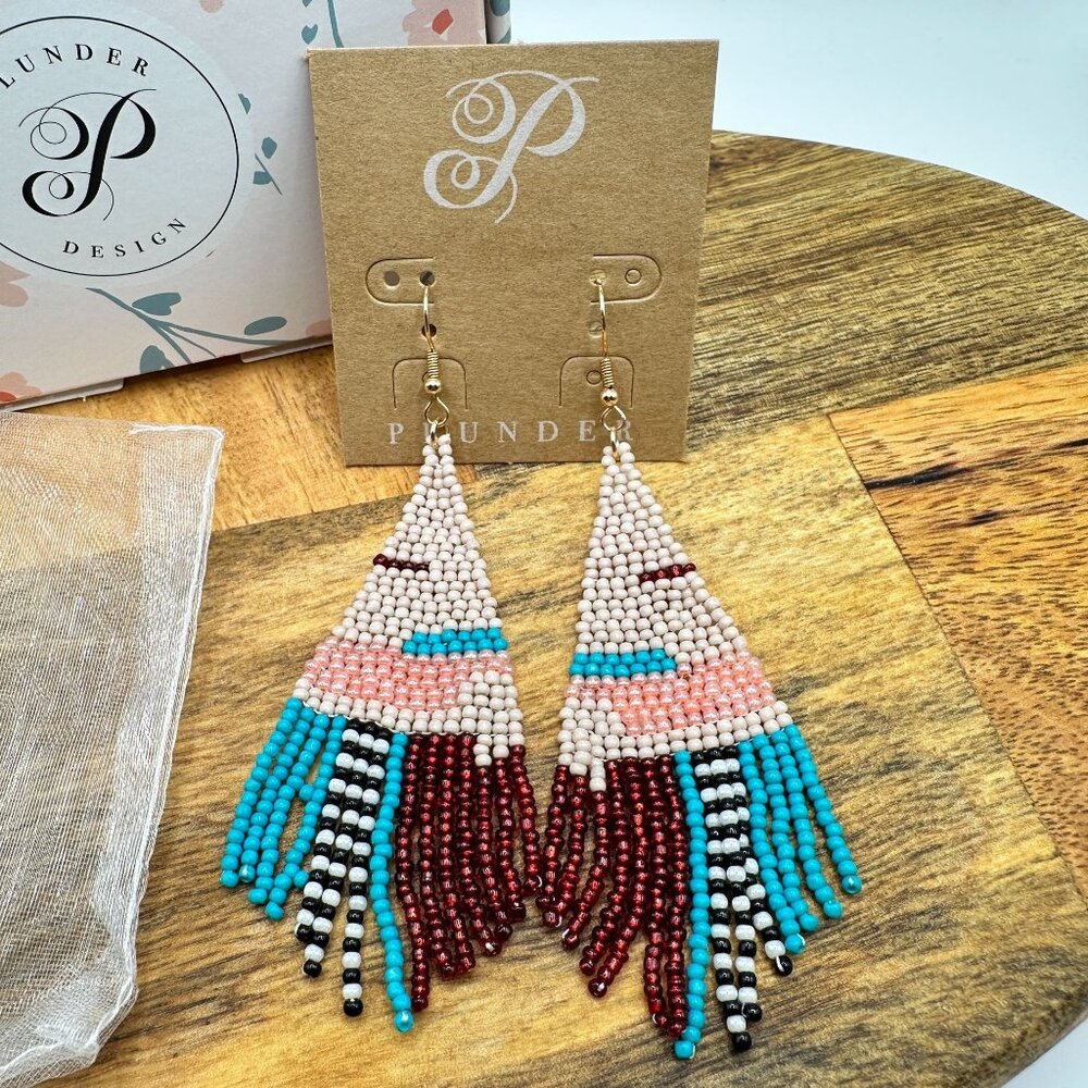 Plunder Design Etta Beaded Fringe Earrings - Boho Chic In Red Blue & Pink